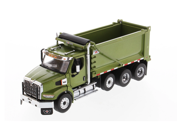 Western Star 49X SBFA Tandem Ox Bodies Stampede Dump Truck with Pusher Axle, Metallic Olive Green - 1/50 Scale -71086